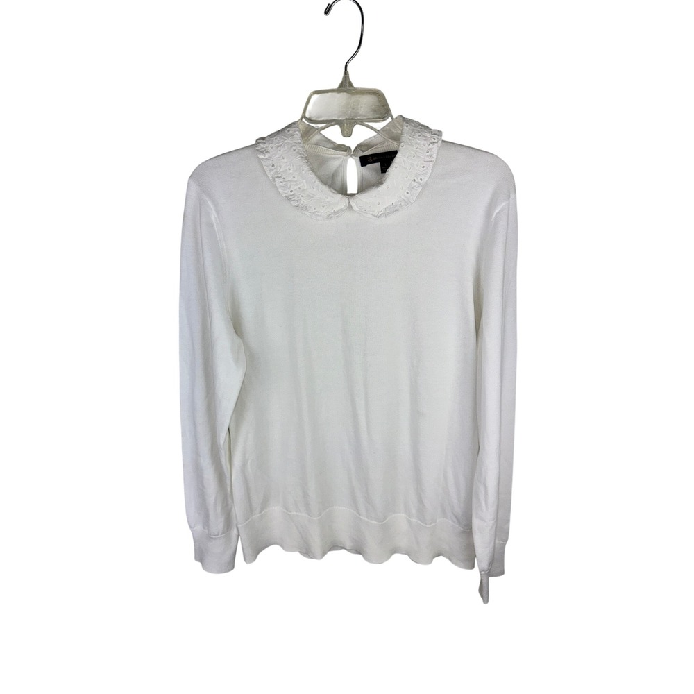 Brooks Brothers White Cotton Sweater Eyelet Peter Pan Collar Long Sleeve Large